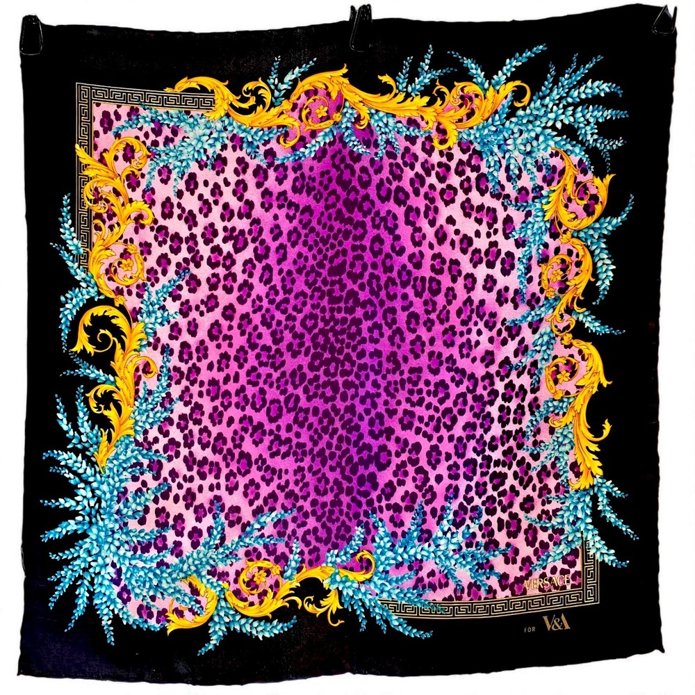 Versace for V&A Silk Scarf 17" Leopard Baroque Greek Key Purple Gold Aqua Print